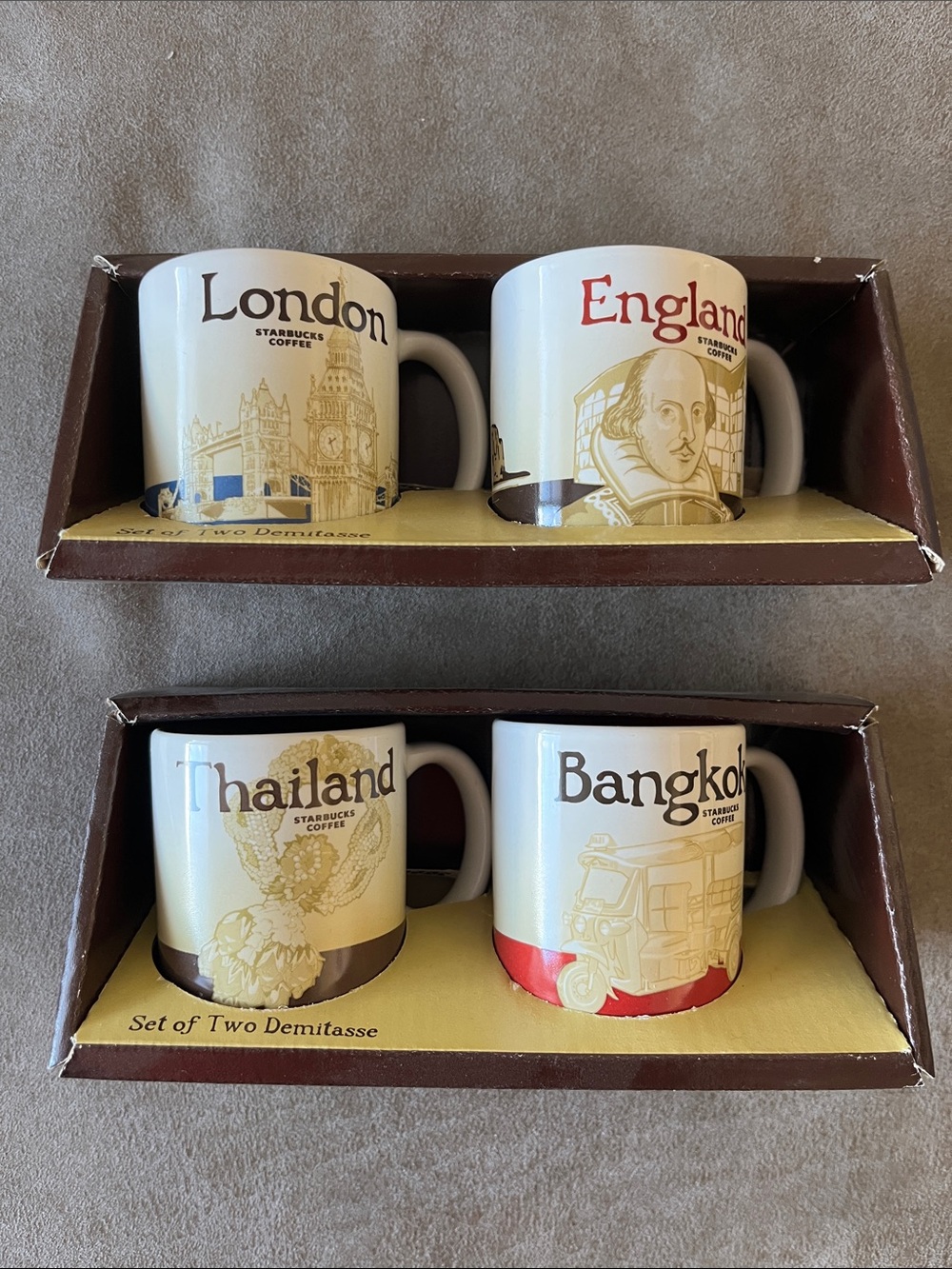 Starbucks White Ceramic Global Cities Demitasse Mugs with Brown and Red Accents